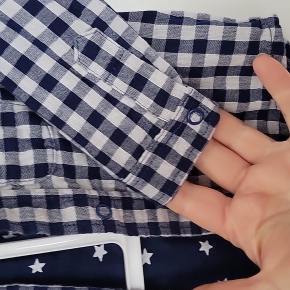 Baby Boden Gingham Check Blue Gray Stars Cotton Snaps Button Down Shirt Sz.3-6mo - Picture 10 of 12